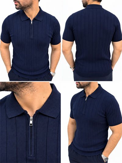 % 100 Pamuk Fermuarlı Triko T-shirt - Lacivert