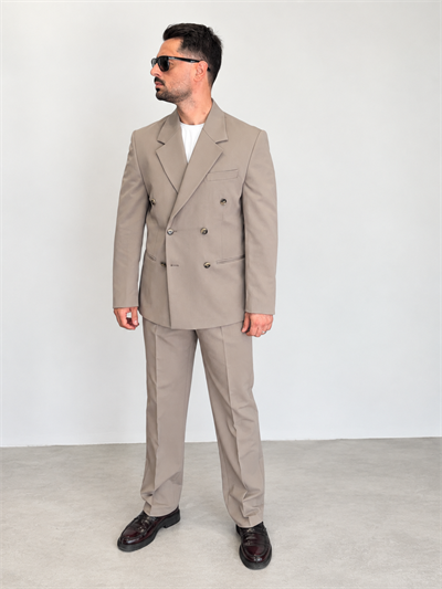  Kruvaze Oversize Takım Elbise-Bej