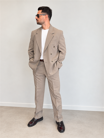  Kruvaze Oversize Takım Elbise-Bej
