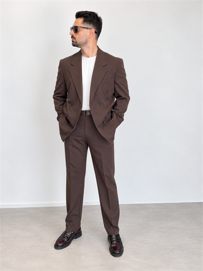  Kruvaze Oversize Takım Elbise-Kahve
