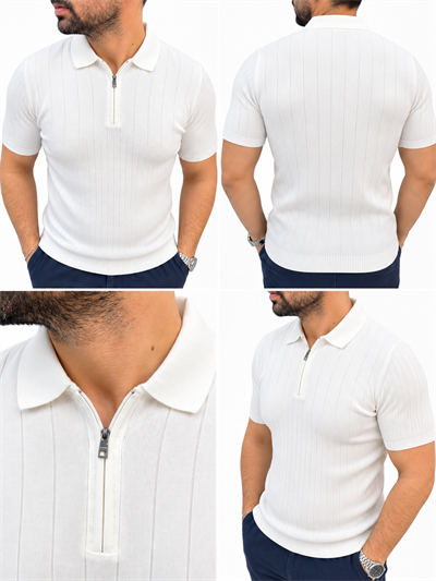%100 Pamuk Fermuarlı Triko T-shirt - Beyaz