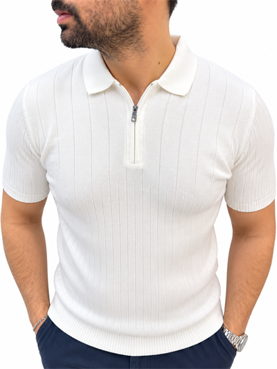 %100 Pamuk Fermuarlı Triko T-shirt - Beyaz
