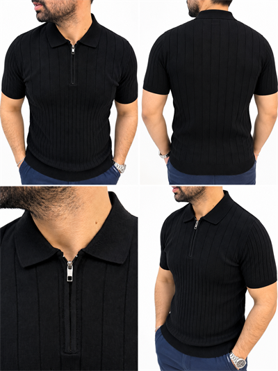 %100 Pamuk Fermuarlı Triko T-shirt - Siyah