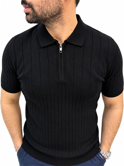 %100 Pamuk Fermuarlı Triko T-shirt - Siyah