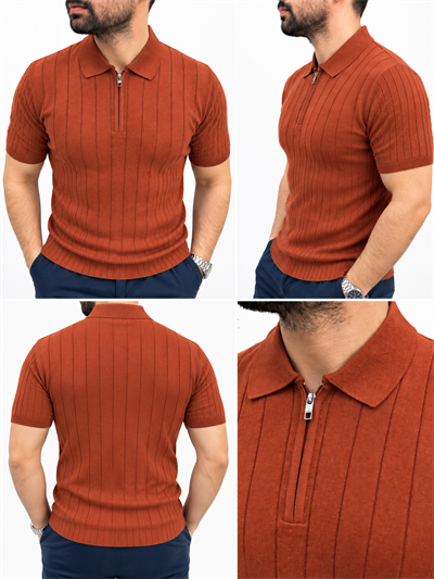 %100 Pamuk Fermuarlı Triko T-shirt - Turuncu