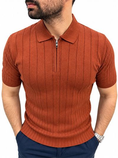 %100 Pamuk Fermuarlı Triko T-shirt - Turuncu