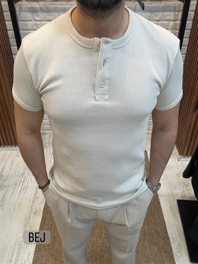 %100 Pamuk Fitilli 3 Düğmeli T-Shirt--Bej