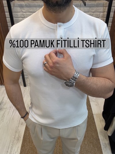 %100 Pamuk Fitilli 3 Düğmeli T-Shirt--Beyaz