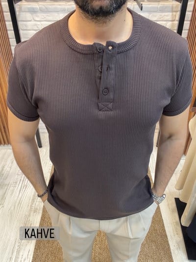 %100 Pamuk Fitilli 3 Düğmeli T-Shirt--Kahve