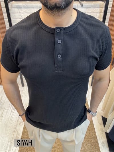 %100 Pamuk Fitilli 3 Düğmeli T-Shirt--Siyah
