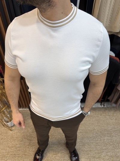 Bisiklet Yaka Rayon Triko T-Shirt -Beyaz-Kahve