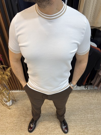Bisiklet Yaka Rayon Triko T-Shirt -Beyaz-Kahve