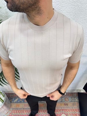 Bisiklet Yaka Rayon Triko T-Shirt -Ekru