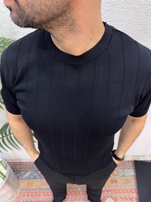 Bisiklet Yaka Rayon Triko T-Shirt -Siyah
