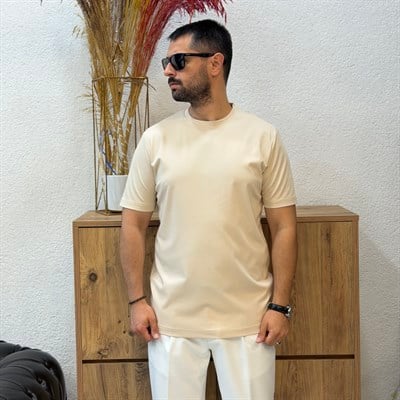 Erkek Basic Rayon Kumaş Tişört-Bej