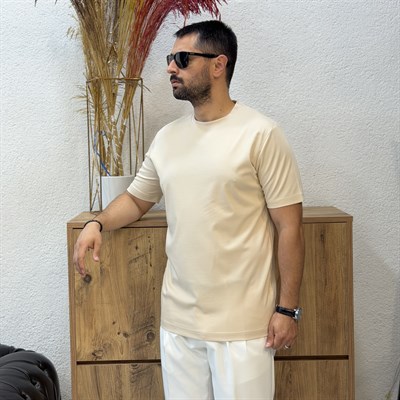 Erkek Basic Rayon Kumaş Tişört-Bej