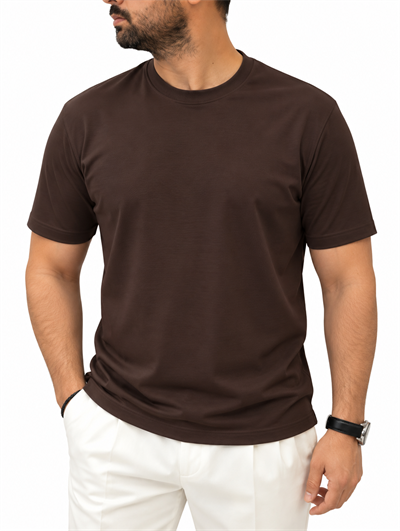 Erkek Basic Rayon Kumaş Tişört-Kahve