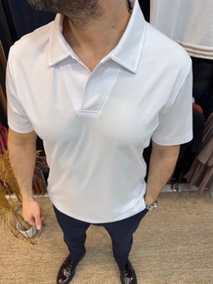 Erkek Polo Yaka V Yaka Düğmeli Tişört-Beyaz