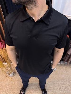 Erkek Polo Yaka V Yaka Düğmeli Tişört-Siyah