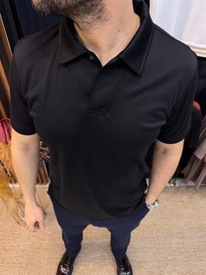 Erkek V Yaka & Polo Yaka Düğmeli T-Shirt-Siyah