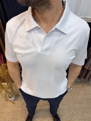 Erkek V Yaka & Polo Yaka Düğmeli T-Shirt-Beyaz