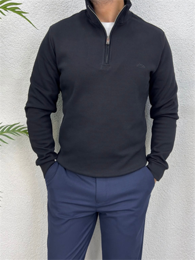 Fermuarlı Pamuklu Sweatshirt-Siyah
