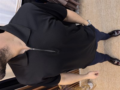 Fermuarlı Polo Yaka Pamuk Karışımlı Likralı T-Shirt-Siyah