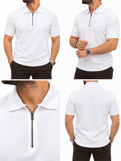 Fermuarlı Polo Yaka Pamuk Karışımlı Likralı T-Shirt-Beyaz