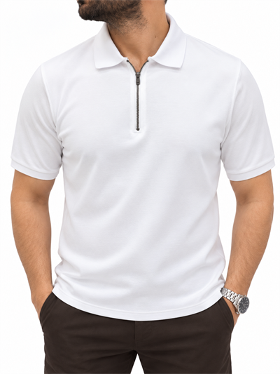 Fermuarlı Polo Yaka Pamuk Karışımlı Likralı T-Shirt-Beyaz