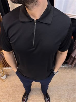 Fermuarlı Polo Yaka Pamuk Karışımlı Likralı T-Shirt-Siyah
