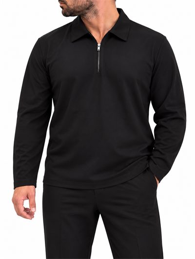 Fermuarlı Rayon Kumaş Polo Yaka-Siyah