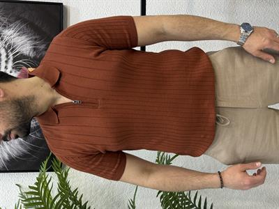 Fermuarlı Triko T-shirt  - Kiremit