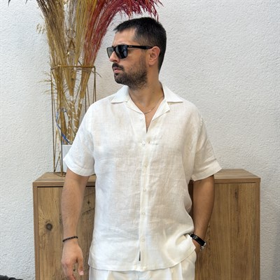 Ham Keten Kısa Kollu Gömlek - Regular Fit-Beyaz