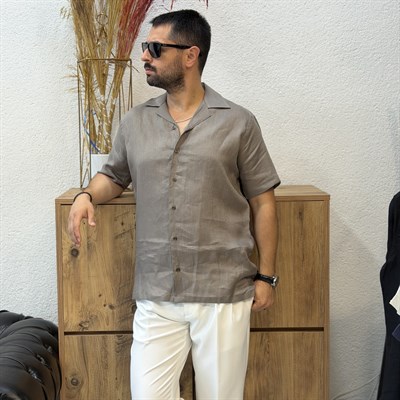 Ham Keten Kısa Kollu Gömlek - Regular Fit-Vizon