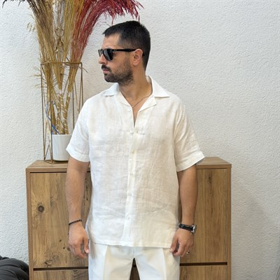 Ham Keten Kısa Kollu Gömlek - Regular Fit-Beyaz