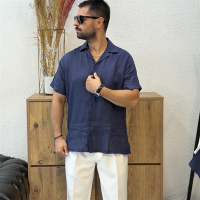 Ham Keten Kısa Kollu Gömlek - Regular Fit-Lacivert
