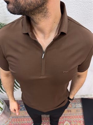 İtalyan Yaka Fermuarlı Tshirt-Kahve
