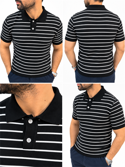 Polo Yaka Çizgili T-shirt - Siyah