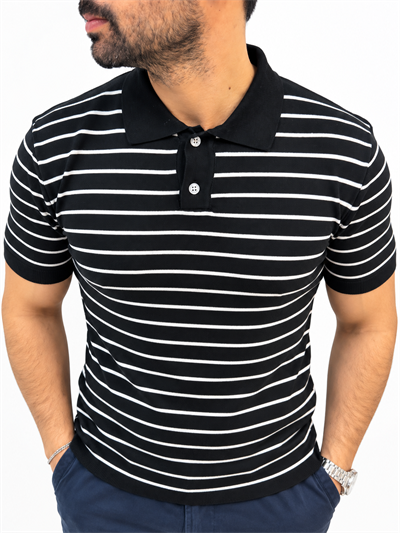 Polo Yaka Çizgili T-shirt - Siyah