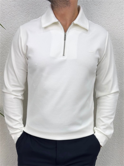 Premium Polo Yaka Sweatshirt -Beyaz