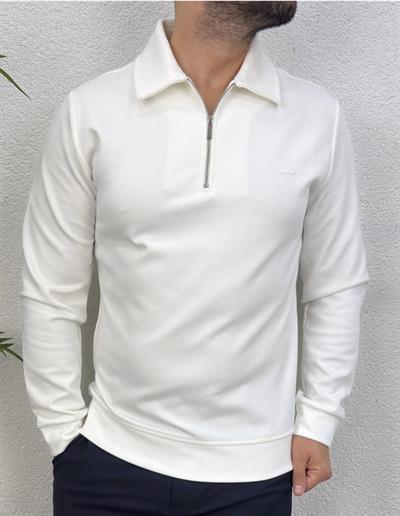 Premium Polo Yaka Sweatshirt -Beyaz