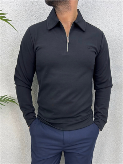 Premium Polo Yaka Sweatshirt -Siyah