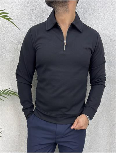 Premium Polo Yaka Sweatshirt -Siyah