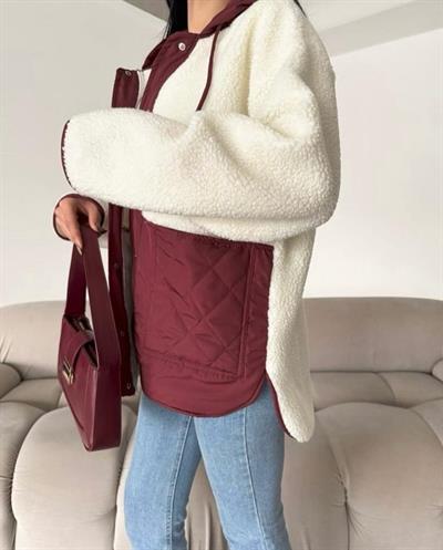   BORDO DETAYLI KREM KAPÜŞONLU PELUŞ HIRKA CEKET