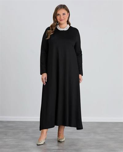 VİSKON KUMAŞ DÖKÜMLÜ ÇAN MODEL SİYAH UZUN ELBİSE