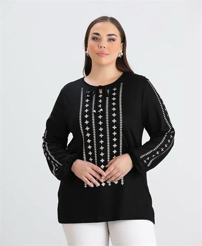 YAKA BAĞCIKLI ETNİK BASKILI SİYAH VİSKON BLUZ