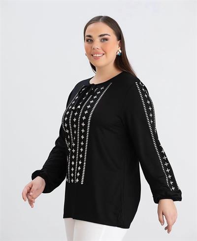  YAKA BAĞCIKLI ETNİK BASKILI SİYAH VİSKON BLUZ