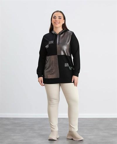 KAPÜŞONLU PARLAK KUMAŞ DETAYLI SWEATSHİRT