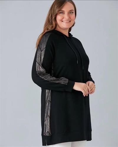 KAPÜŞONLU PARLAK ŞERİT DETAYLI SİYAH TUNİK