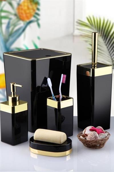 Akrilik Kare Banyo Seti 5'li – Siyah Gold & Gümüş Kromaj | Yüksek Kalite ve Şık Tasarım